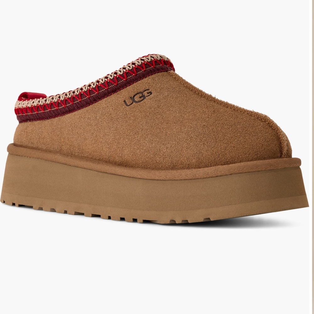 UGG Tazz Chestnut Platform Slippers with Red Accent